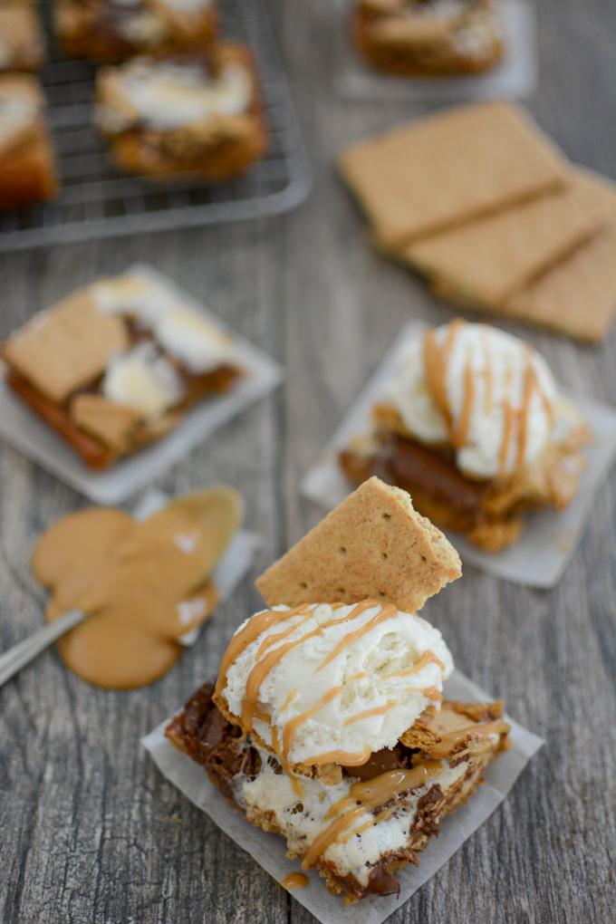 Easy Peanut Butter S'mores Bars with scoop of ice cream