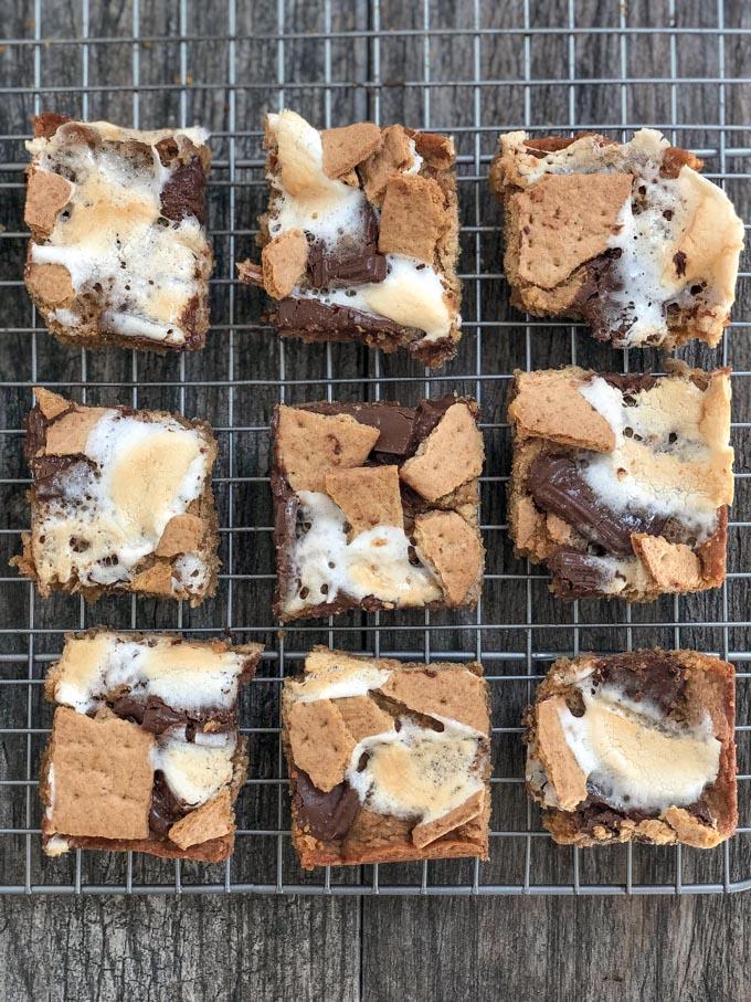 easy peanut butter s'mores bars on cooling rack
