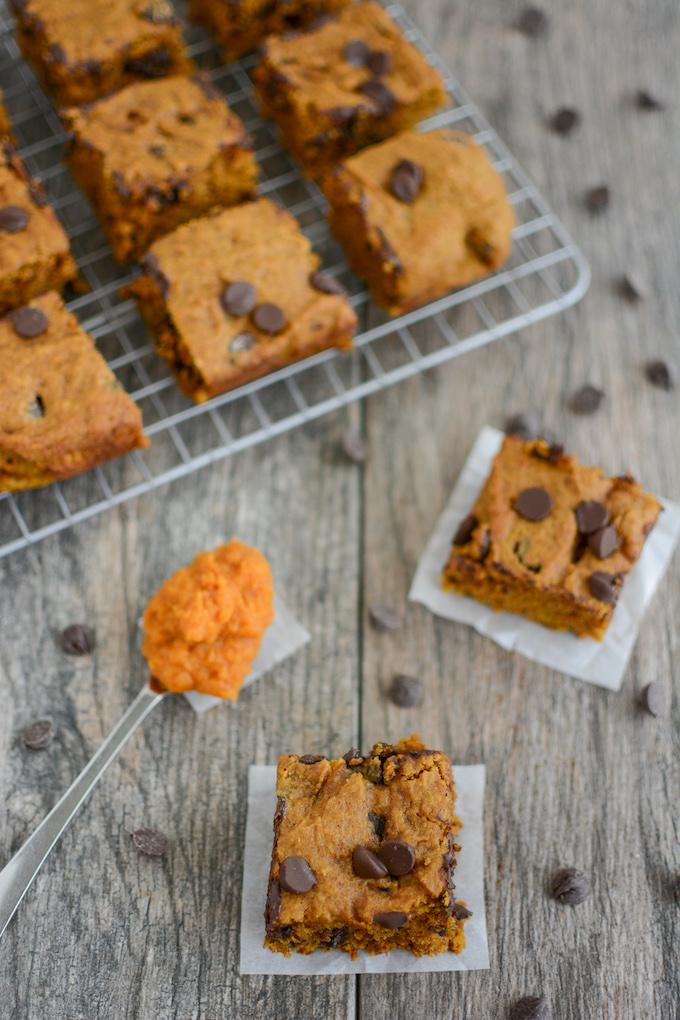 Overhead shot of dairy-free pumpkin bars with chocolate chips