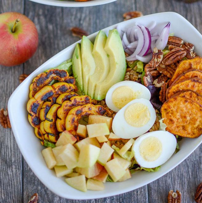 roasted squash Fall salad with apples, eggs, sweet potato, avocado and more!