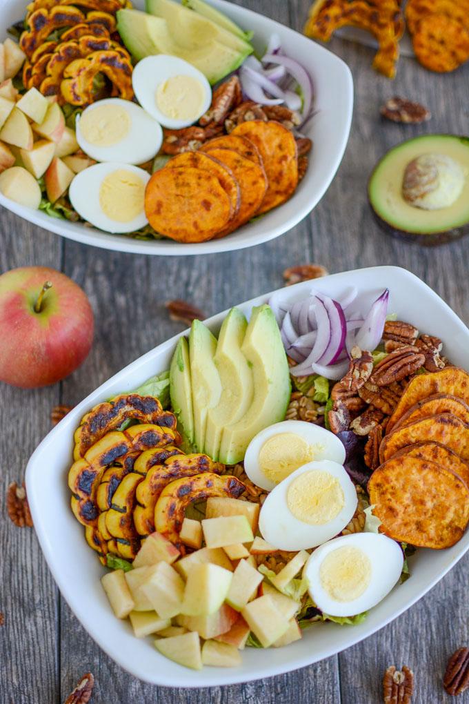 Roasted Squash Fall Salad with hard boiled egg and avocado