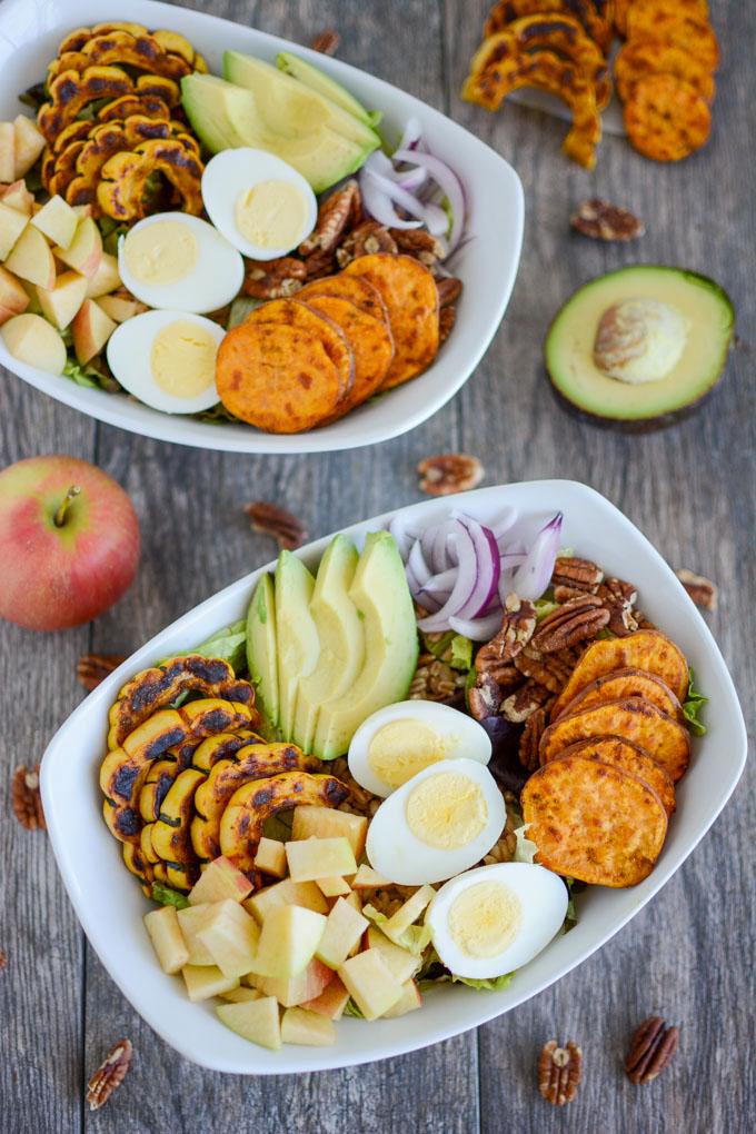 overhead shot of two Roasted Squash Fall Salads