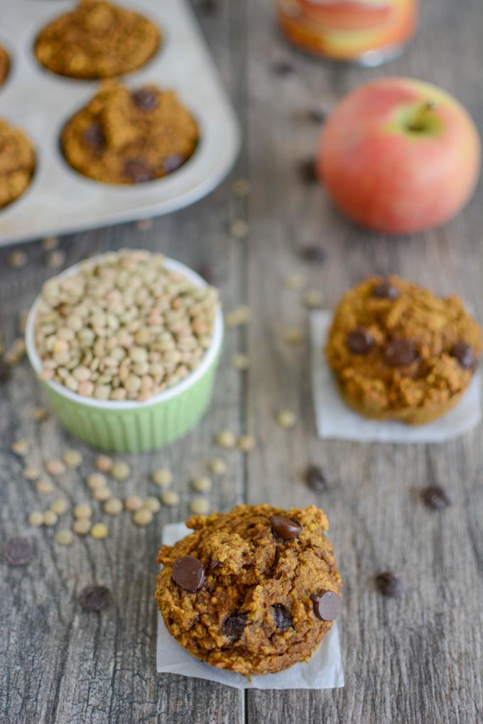 Pumpkin Apple Lentil Muffins with chocolate chips