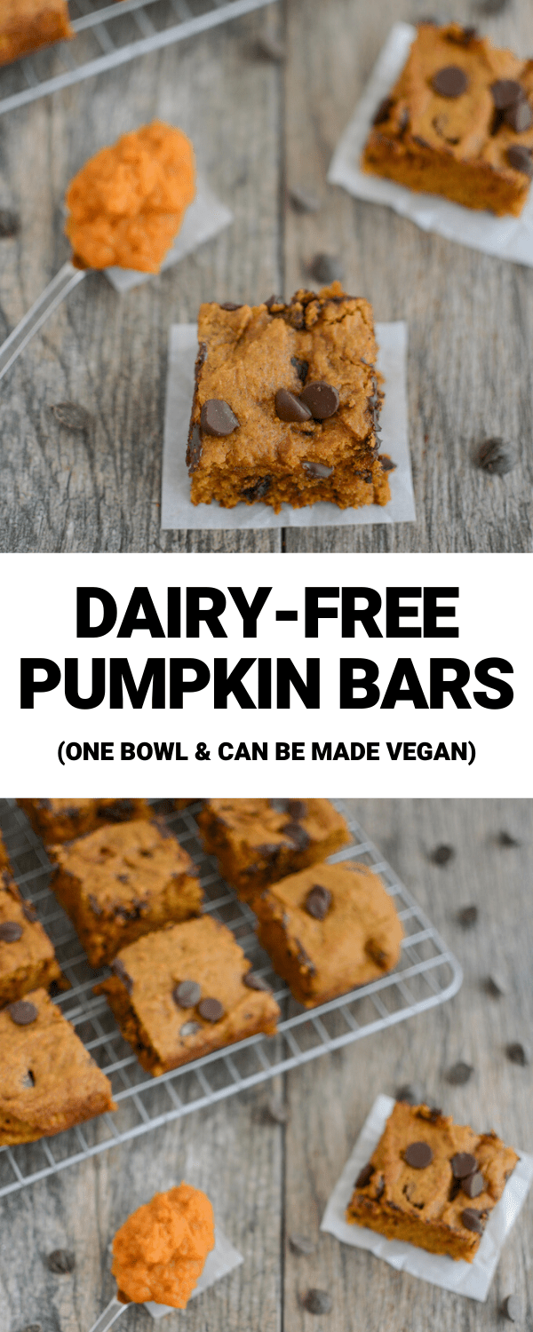 These Dairy-free Pumpkin Bars are so easy to whip up for a snack or dessert! They require just one bowl and one measuring cup! 