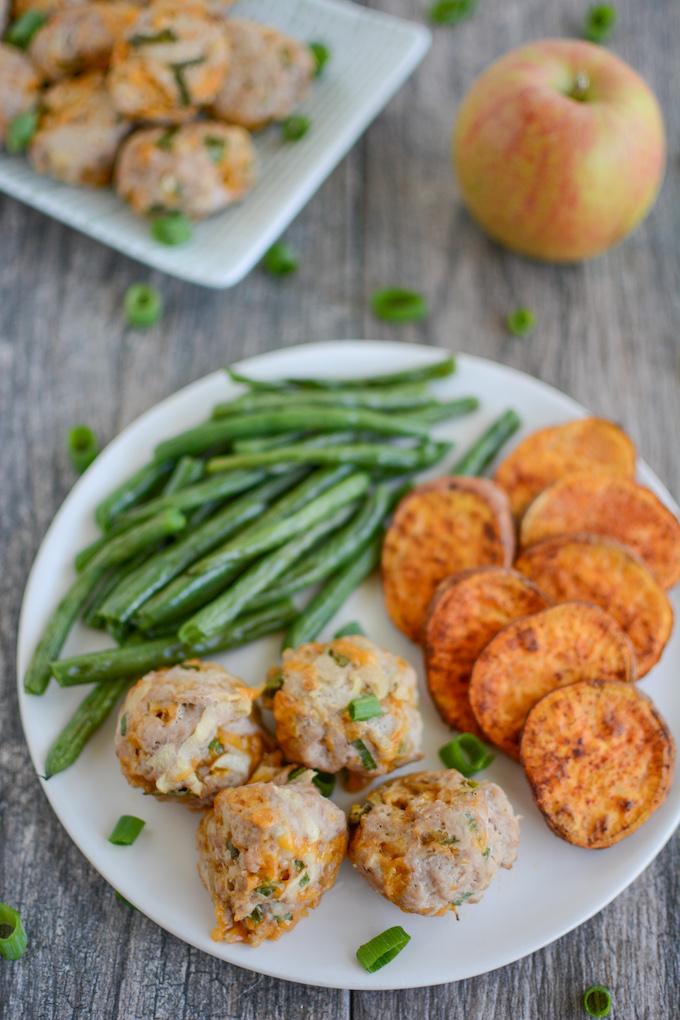 Apple Cheddar Turkey Meatballs with green beans and sweet potatoes