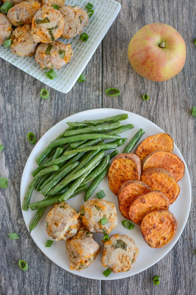 overhead shot of apple cheddar turkey meatballs