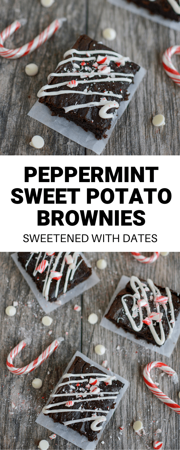 These Peppermint Sweet Potato Brownies are the perfect holiday dessert! They're gluten-free and sweetened with dates. Add them to a Christmas cookie tray or bring them to a potluck or party.