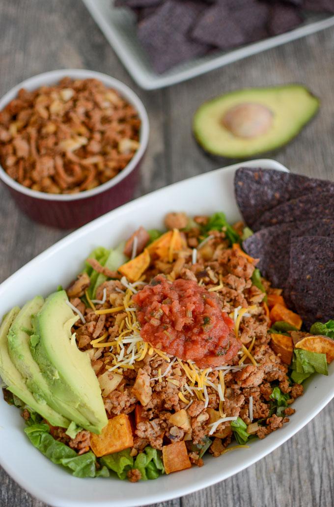 Turkey Walnut Taco Meat with salsa, avocado and chips