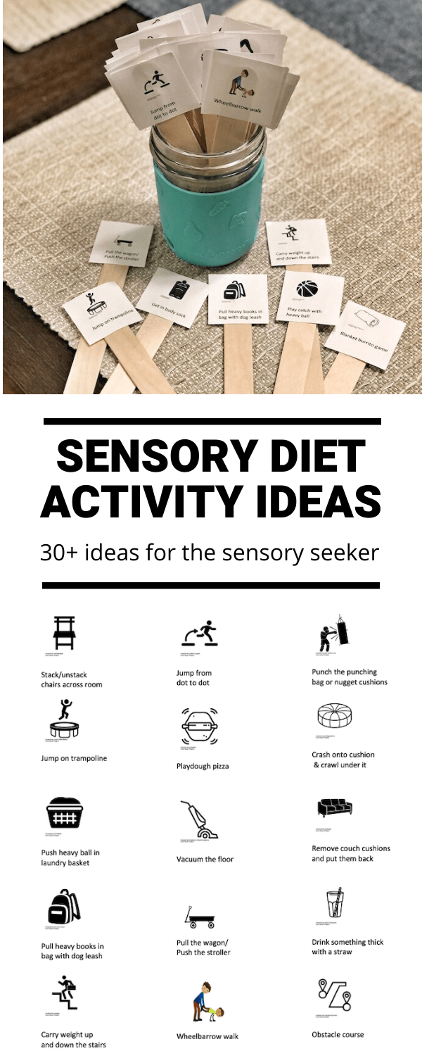 These Sensory Diet Ideas for Sensory Seekers may be helpful if your child struggles with sensory processing disorder and needs extra sensory feedback to meet their threshold. Work them in throughout the day to help the child regulate their behavior, attention and emotion.