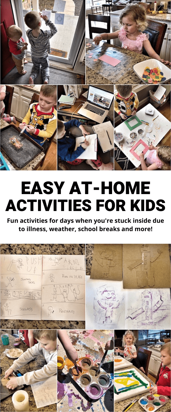 Here are 35+ At-Home Activities For Kids!  These simple ideas are great for when you're stuck at home due to illness, weather, or a break from school. Most can be modified for a wide range of ages.