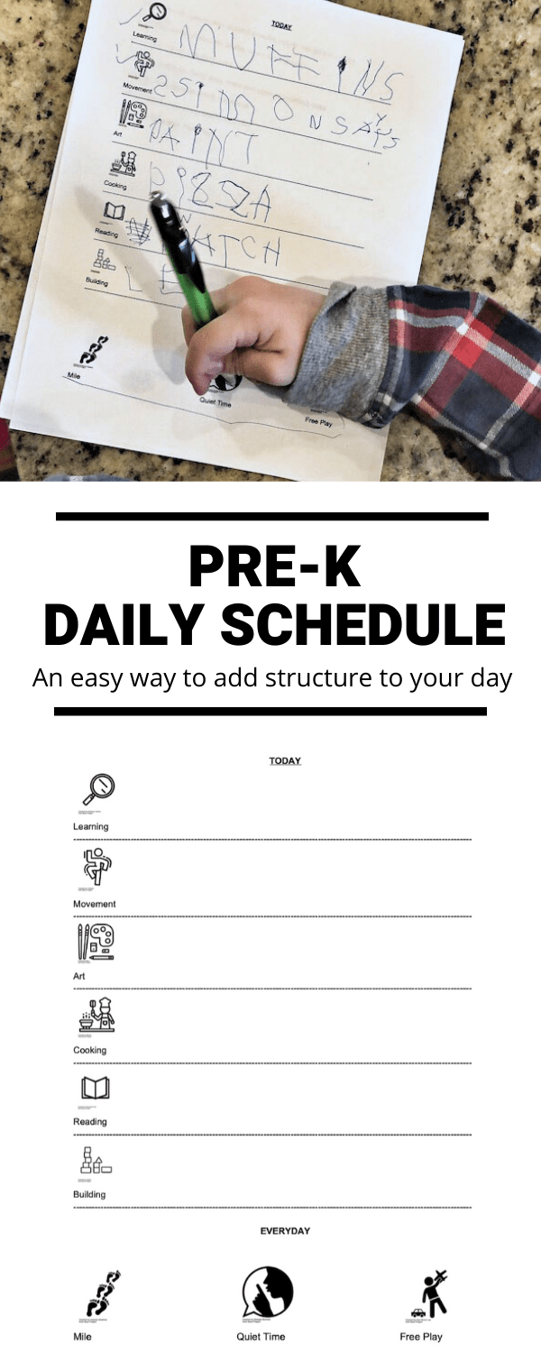 This Pre-Kindergarten Daily Schedule is an easy way to plan your day. Let your child choose an activity in each category and practice writing it if they can! 