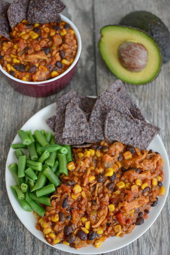 Instant Pot Farro Enchilada Casserole with green beans, tortilla chips and avocado