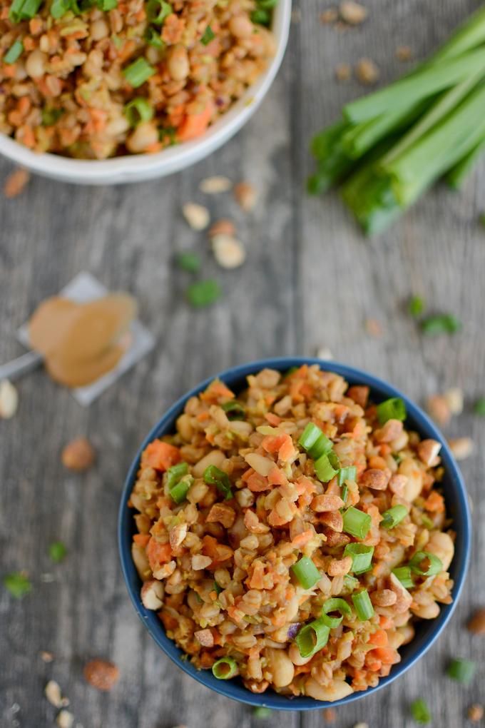 Asian Farro White Bean Bowls with riced vegetables and peanut sauce