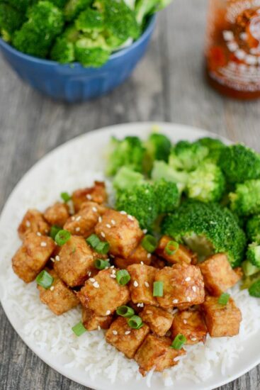 Honey Garlic Air Fryer Tofu with white rice and broccoli