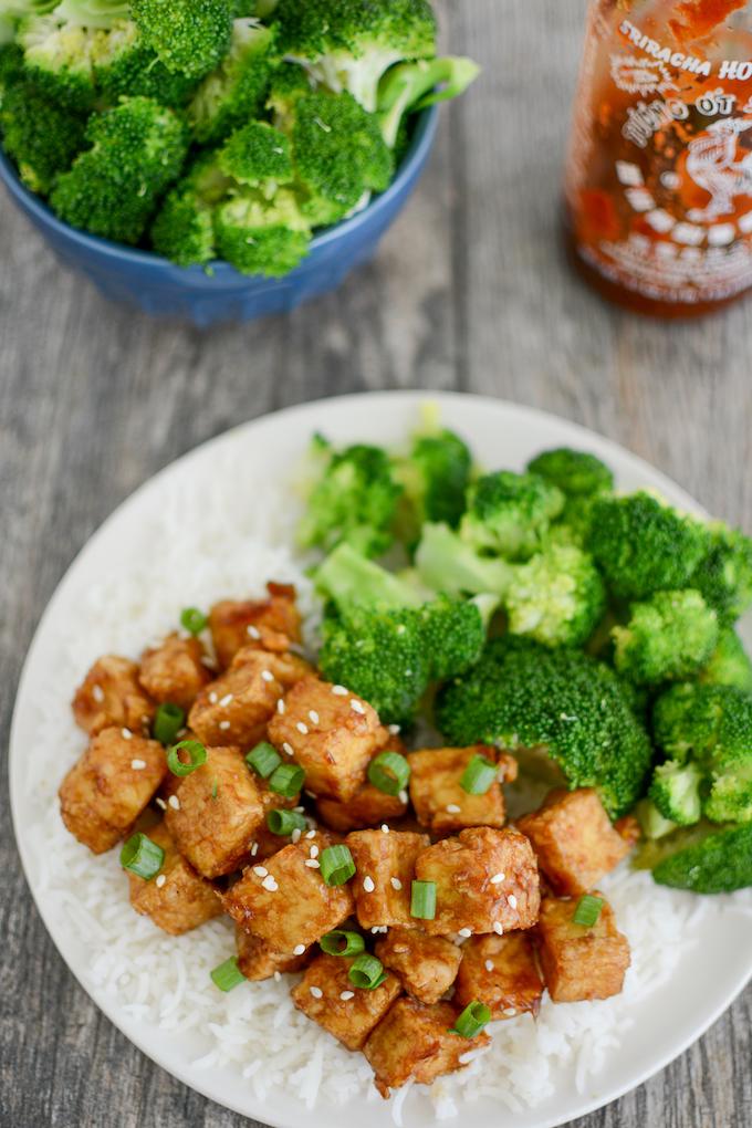 Crispy Honey Garlic Air Fryer Tofu with broccoli