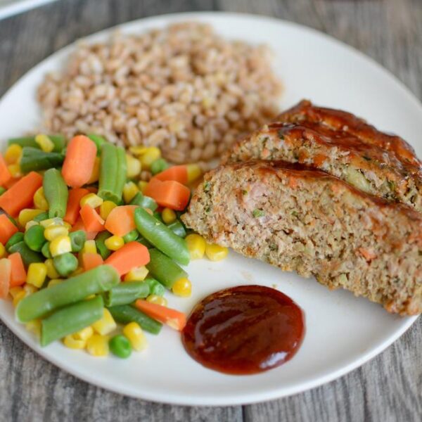 Easy turkey meatloaf recipe with vegetables, farro and mixed vegetables