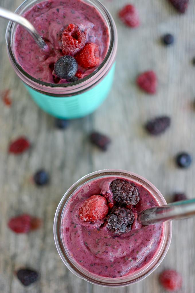 Silken tofu berry smoothie overhead shot of two mason jars