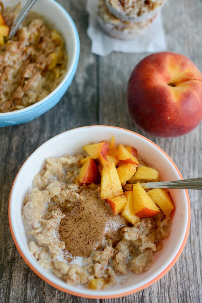 Easy Freezer Prep Oatmeal Cups with peaches and almond butter