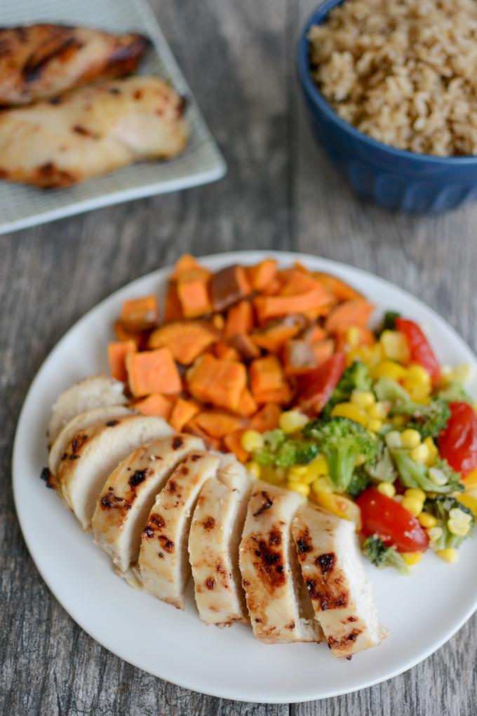 Easy Chicken Marinade - air fryer chicken with sweet potatoes and broccoli corn salad