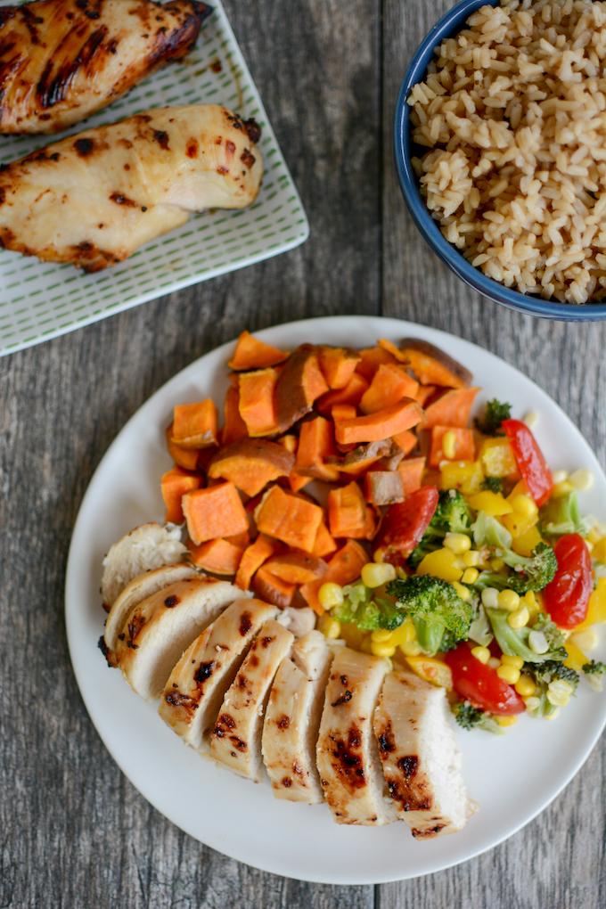 easy chicken marinade - chicken breasts, vegetables, and rice