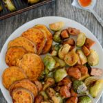 Sweet and Spicy Oven Roasted Brussels Sprouts with chicken sausage and sweet potatoes