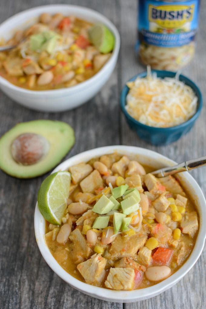 Two bowls of Turkey and White Bean Soup topped with cheese and avocado