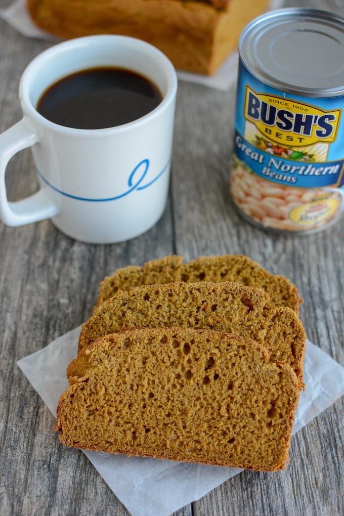 Pumpkin white bean bread with can of white beans and coffee