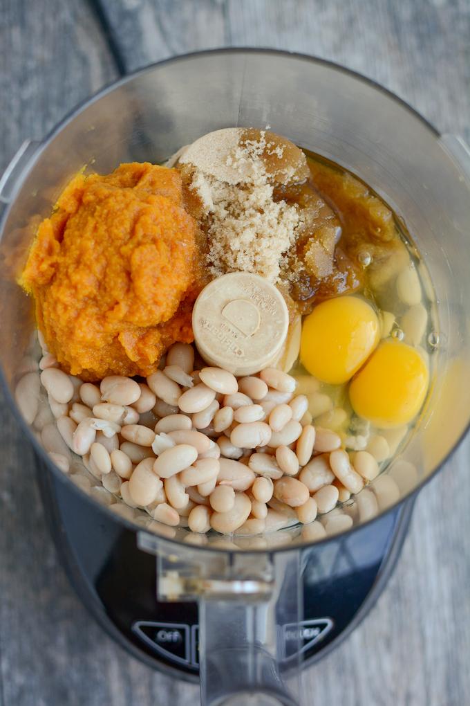pumpkin, great northern beans, eggs, brown sugar and oil in a food processor