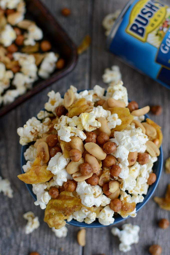 Snack mix with roasted chickpeas, plantain chips, popcorn and peanuts