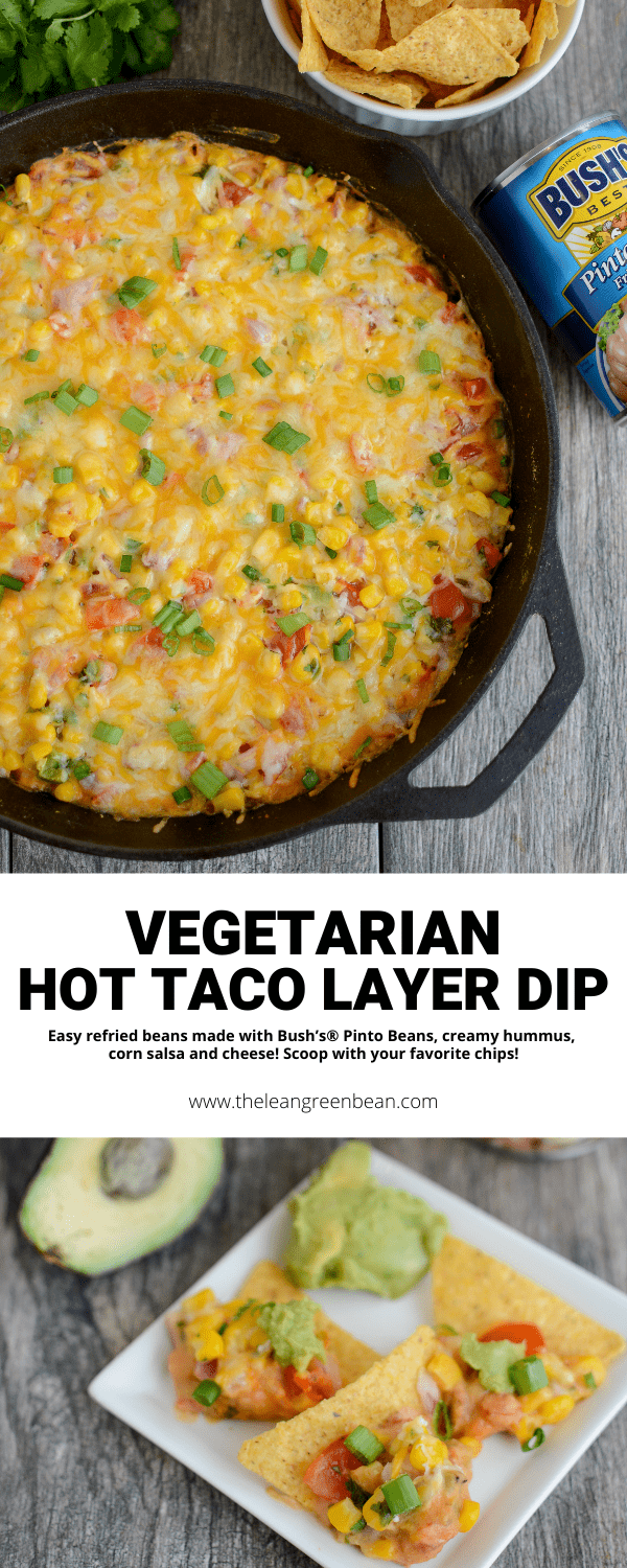 This easy Hot Taco Layer Dip is perfect for tailgating. This vegetarian appetizer is made with easy homemade refried beans, creamy hummus, corn salsa and cheese. Perfect for scooping with chips!