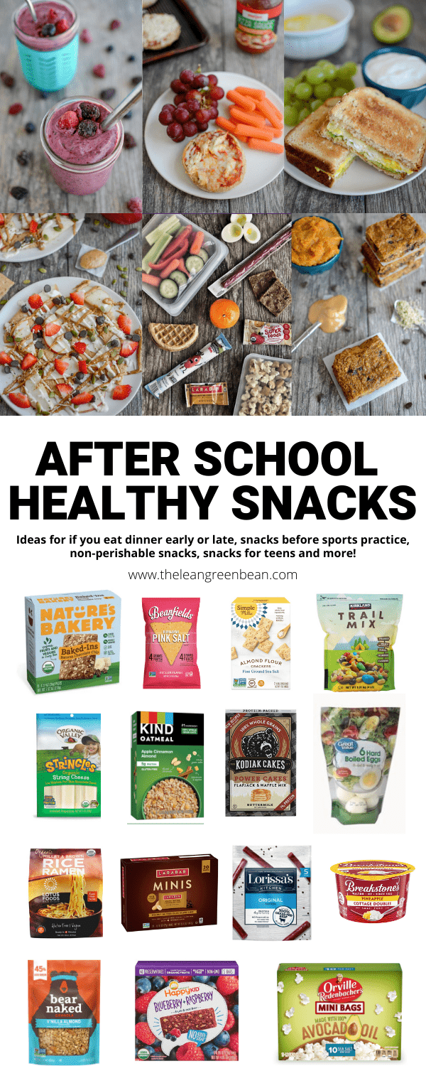 Looking for After School Healthy Snacks? Here are ideas for if you eat dinner early or late, before practice snacks, car snacks, non-perishable snacks and more.