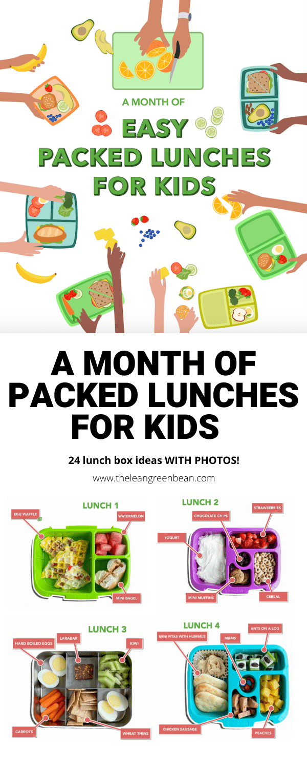 A month of packed lunch ideas for kids, including 24 lunch box photos, tips for adding variety and nut-free ideas!