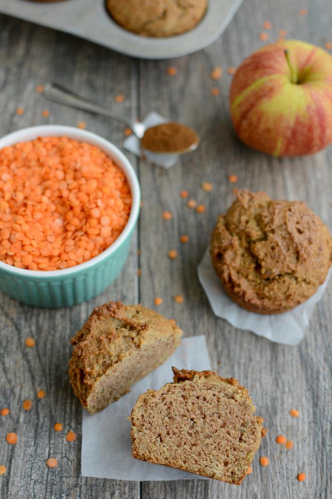 apple cinnamon red lentil muffin cut in half