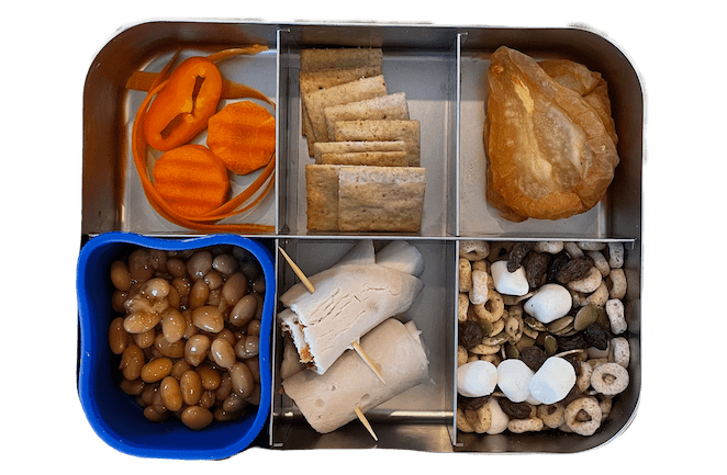 Easy Lunch Box Ideas For Kids 7 lunch box for kids with baked beans, turkey cheese roll up, trail mix and dried pears