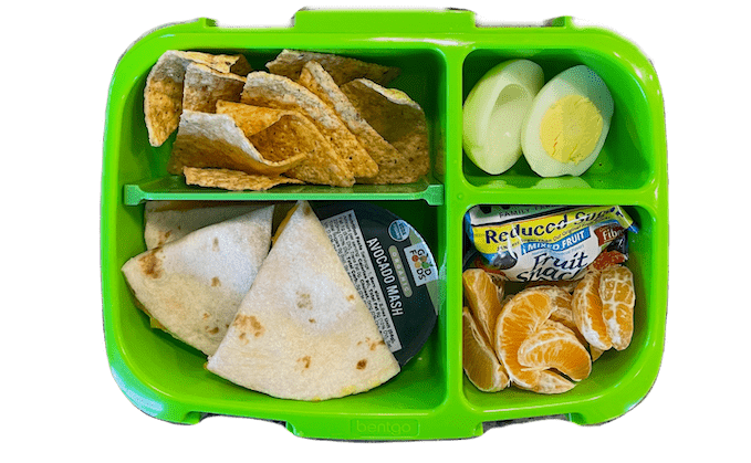 Easy Lunch Box Ideas For Kids 9 easy kids lunch - quesadilla, chips and guacamole, hard boiled egg, clementine and fruit snacks