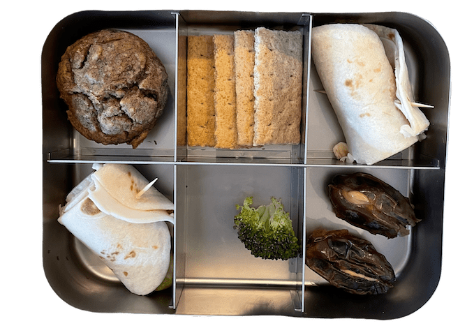 Easy Lunch Box Ideas For Kids 11 elementary lunch box with lentil banana muffin, turkey roll up, dates with peanut butter and graham crackers