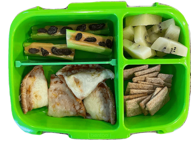 Easy Lunch Box Ideas For Kids 13 grade school lunch box with pizza, ants on a log, wheat thins and kiwi