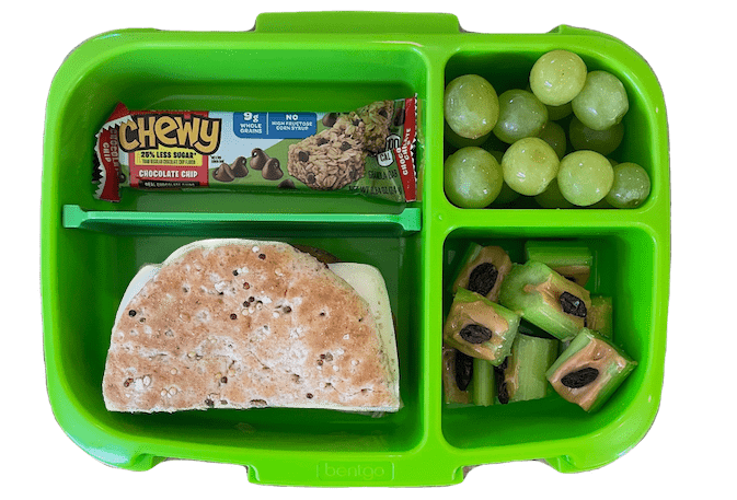 Easy Lunch Box Ideas For Kids 3 kids lunch with granola bar, turkey sandwich, grapes and ants on a log