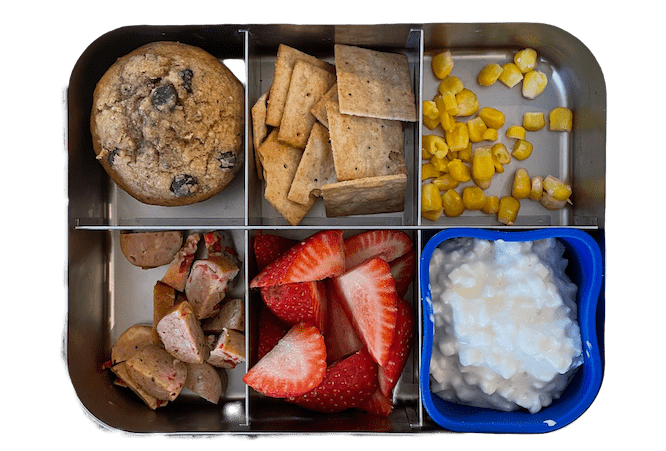 Easy Lunch Box Ideas For Kids 5 lunch box with muffin, chicken sausage, strawberries, cottage cheese and crackers