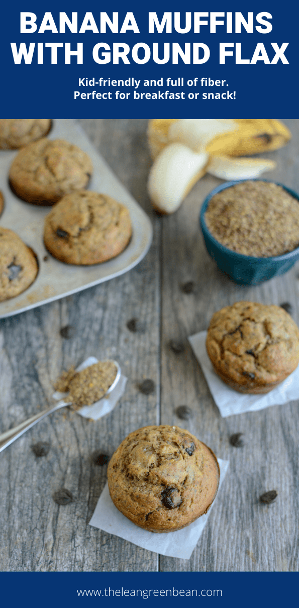 This Banana Chocolate Chip Muffins recipe with flax are lightly sweetened and packed with fiber. They make a great addition to breakfast, lunch or snack time for kids and adults!