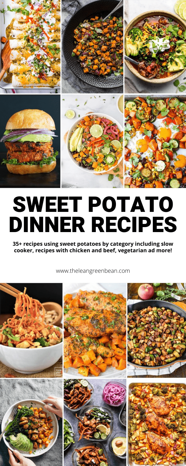 Need sweet potato dinner recipes? Here are 35+ recipes by category including slow cooker, with chicken or beef, vegetarian and more!