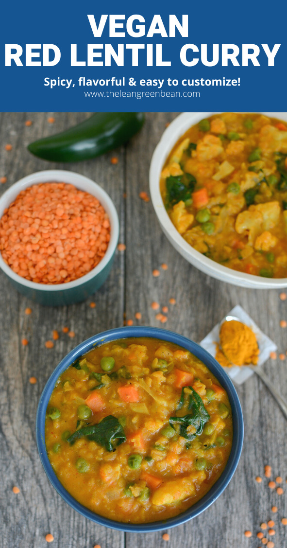 This Vegan Red Lentil Curry is the perfect vegetarian dinner recipe. It's spicy, full of flavor and easy to customize with your favorite vegetables!