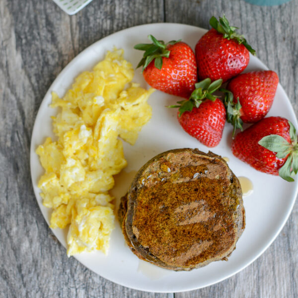 gluten-free buckwheat pancakes with eggs and strawberries