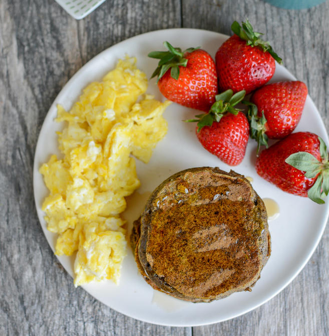 gluten-free buckwheat pancakes with eggs and strawberries