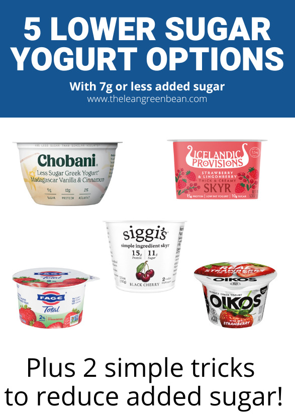Here are 5 of the best low-sugar yogurts. These are not sugar-free yogurt options. They all have 7 grams of added sugar or less and no artificial sweeteners!