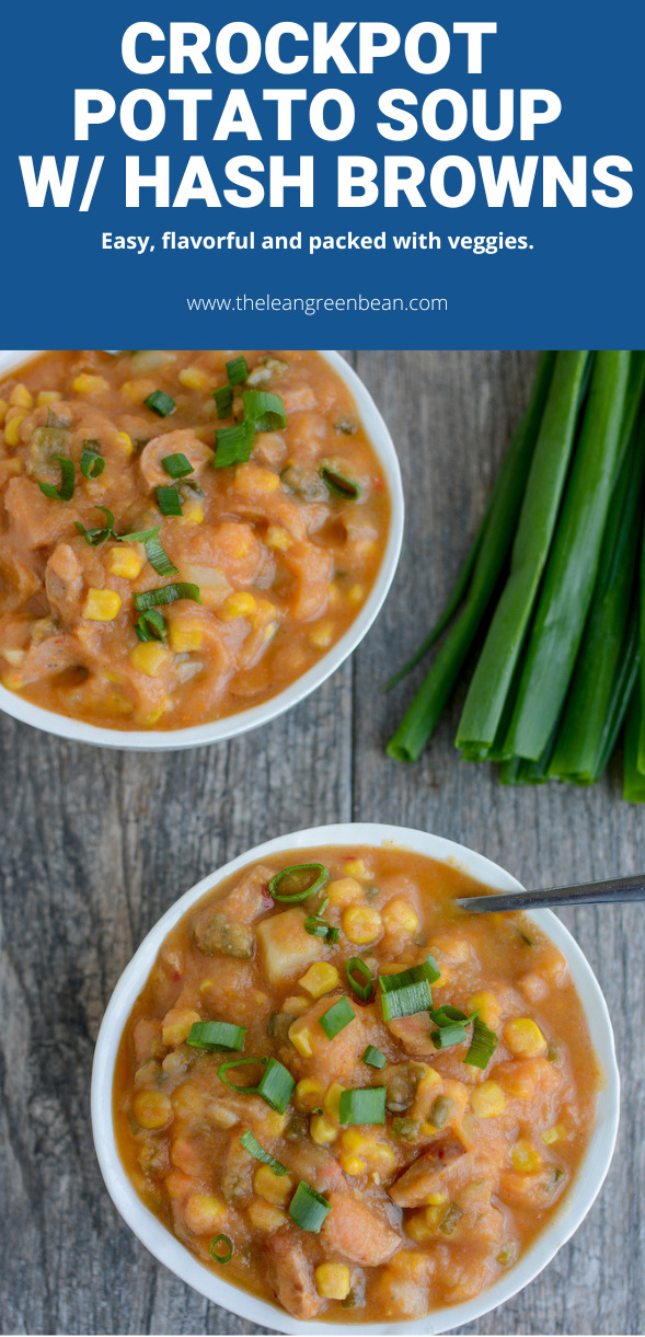 This Crockpot Potato Soup with Hash Browns is so easy to make. Pureeing it at the end helps make it thick and creamy without adding any dairy!