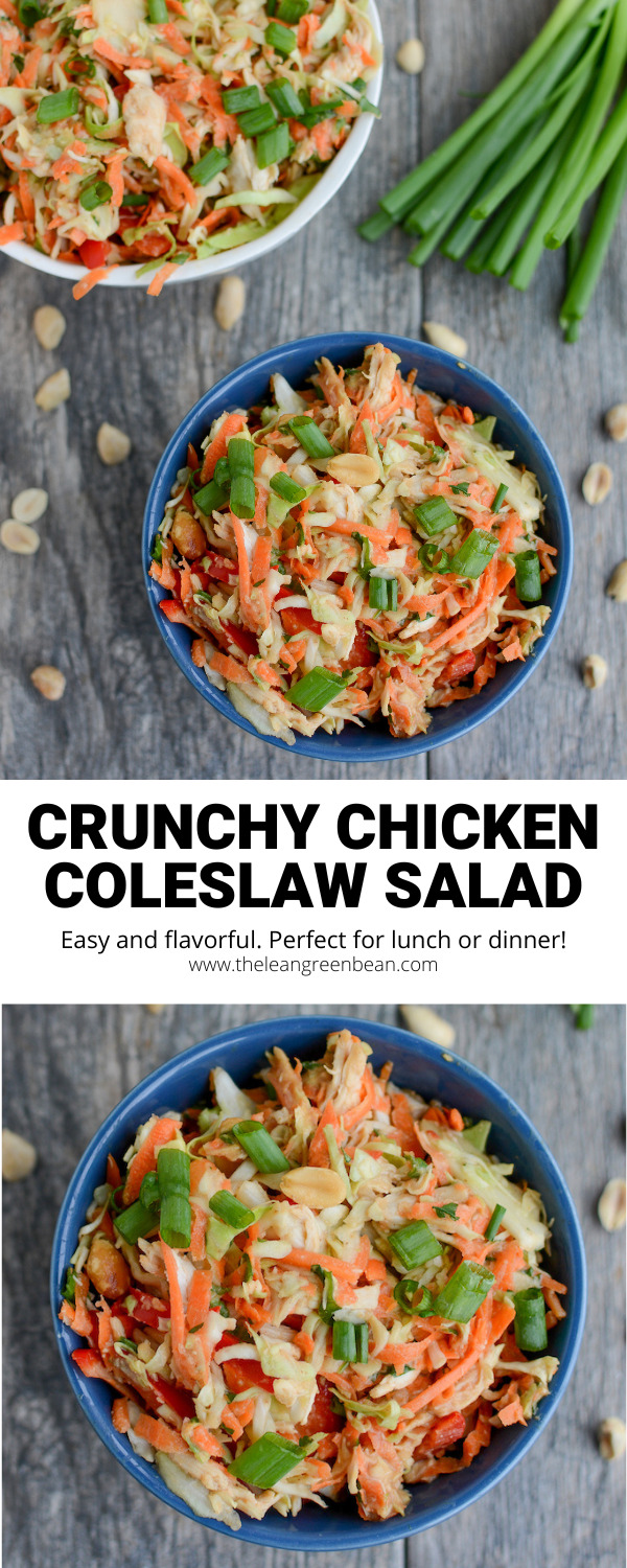 This Crunchy Chicken Coleslaw Salad makes the perfect lunch or dinner. The peanut sauce adds flavor and the coleslaw adds crunch! Great way to use leftover chicken.