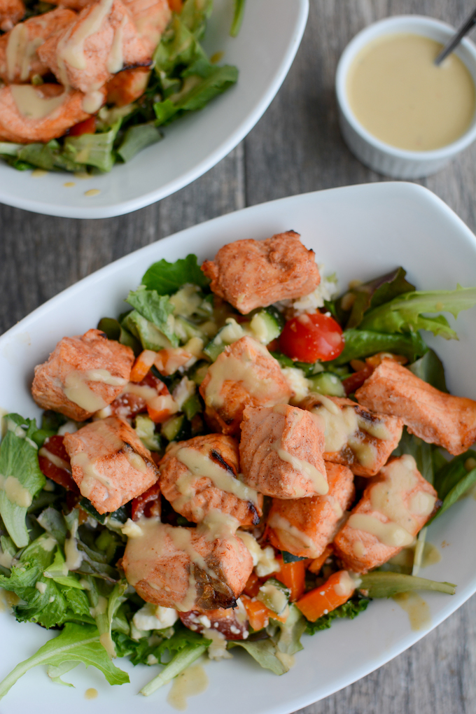 Air Fryer Salmon Bites 6 air fryer salmon bites, air fryer salmon nuggets on bed of lettuce