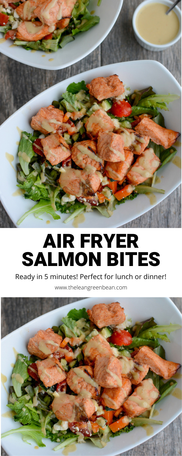 These air fryer salmon bites are quick, easy and delicious. Ready in 5 minutes and an easy way to add protein to salads, bowls and more!