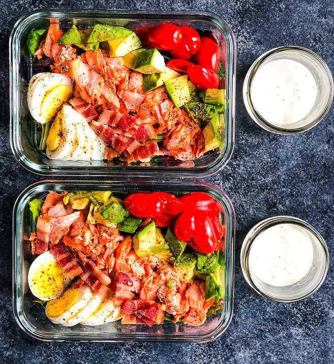 seafood meal prep - grilled salmon cobb salad